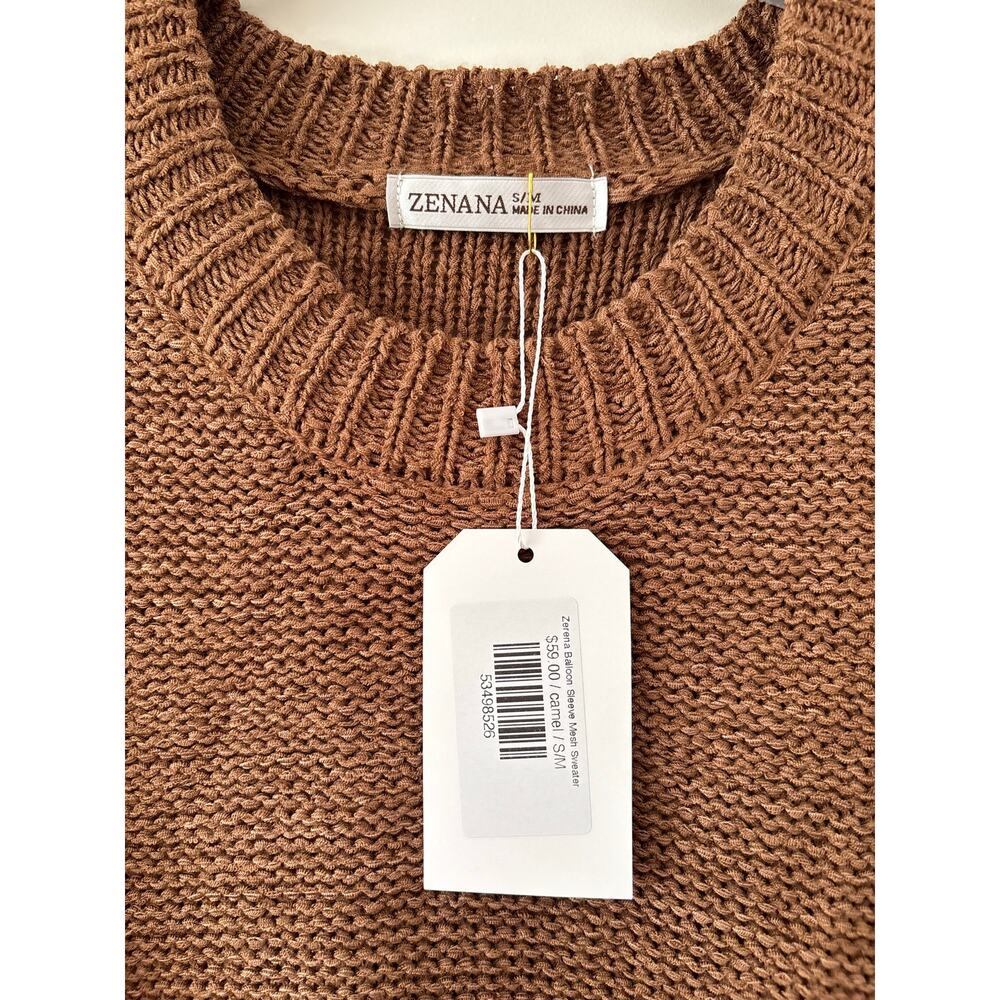 Zenana Balloon Sleeve Knit Sweater Women’s S/M Brown Crew Neck NWT Cozy Soft - Picture 3 of 7